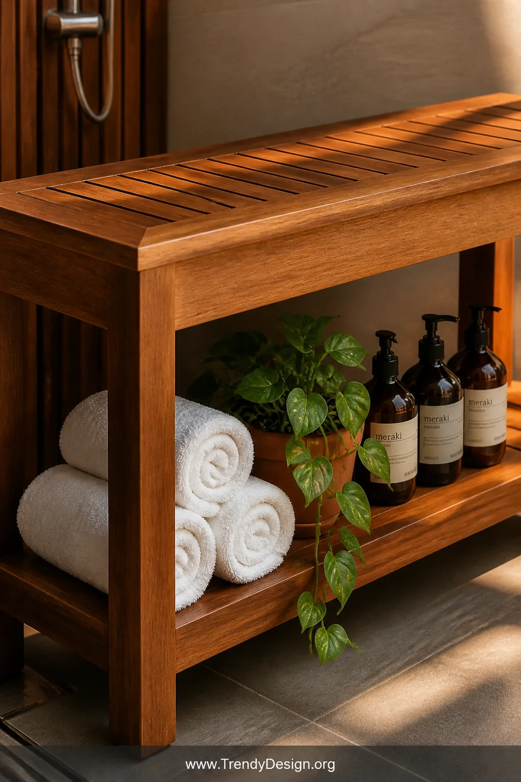 Closeup detail shot of a teak outdoor shower bench with a smooth oiled finish and an open lower shelf neatly holding rolled w