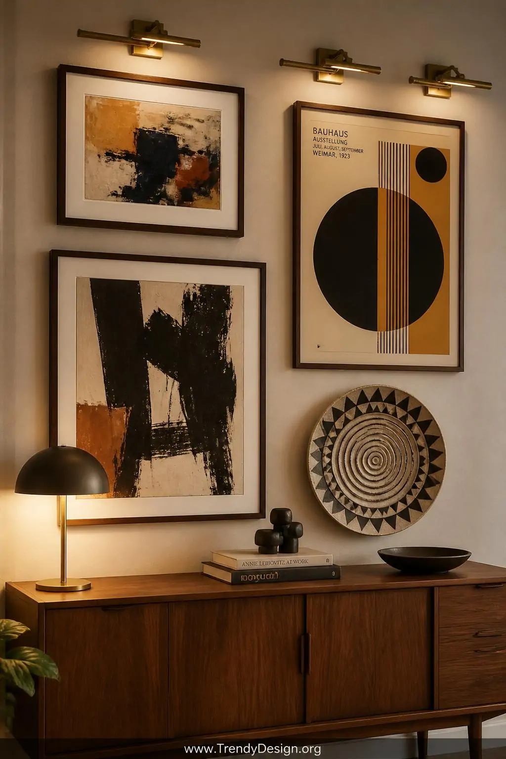 Medium shot of a gallery wall arrangement above a walnut credenza featuring bold abstract expressionist prints in simple waln