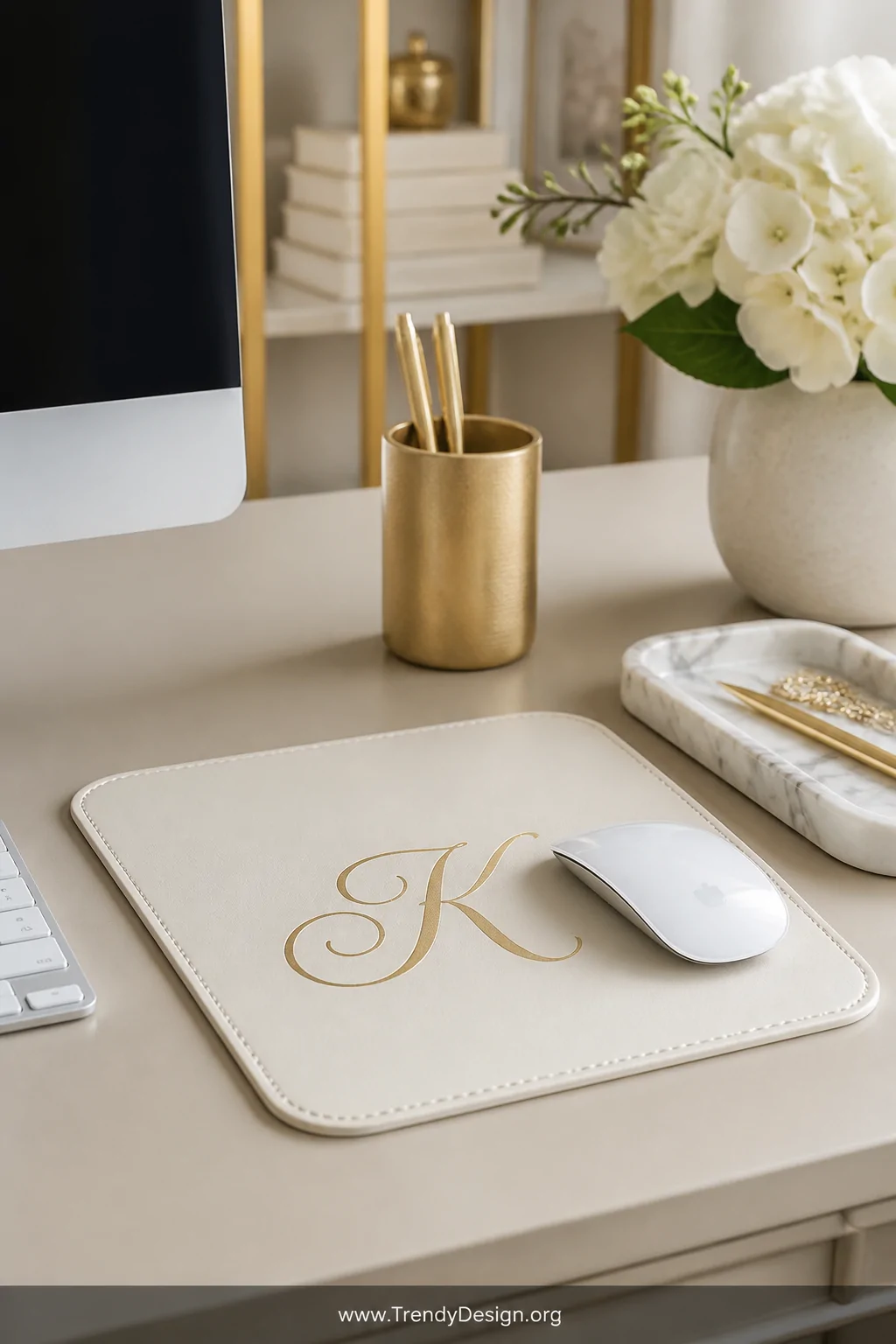 A medium shot of a polished home office desk setup featuring a personalized monogram mousepad in soft ivory with an elegant c