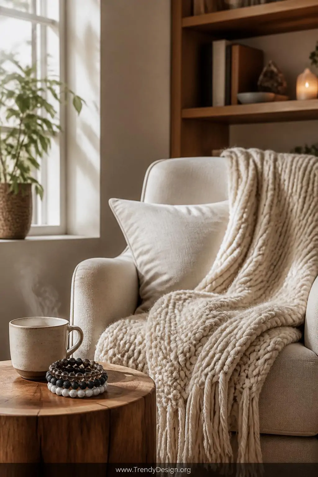 Wide shot of a cozy mindfulness nook with an oversized cream knit throw draped over a reading chair, a small side table holdi