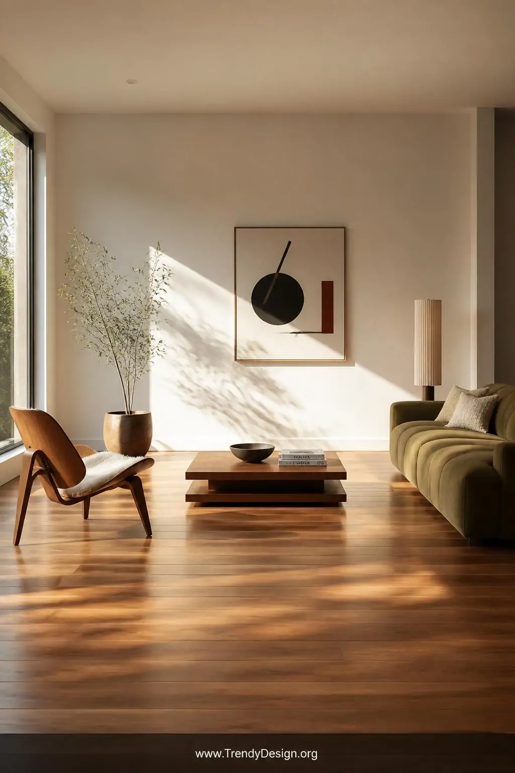 Wide shot of an edited mid century modern living room with deliberate negative space between a single sculptural lounge chair