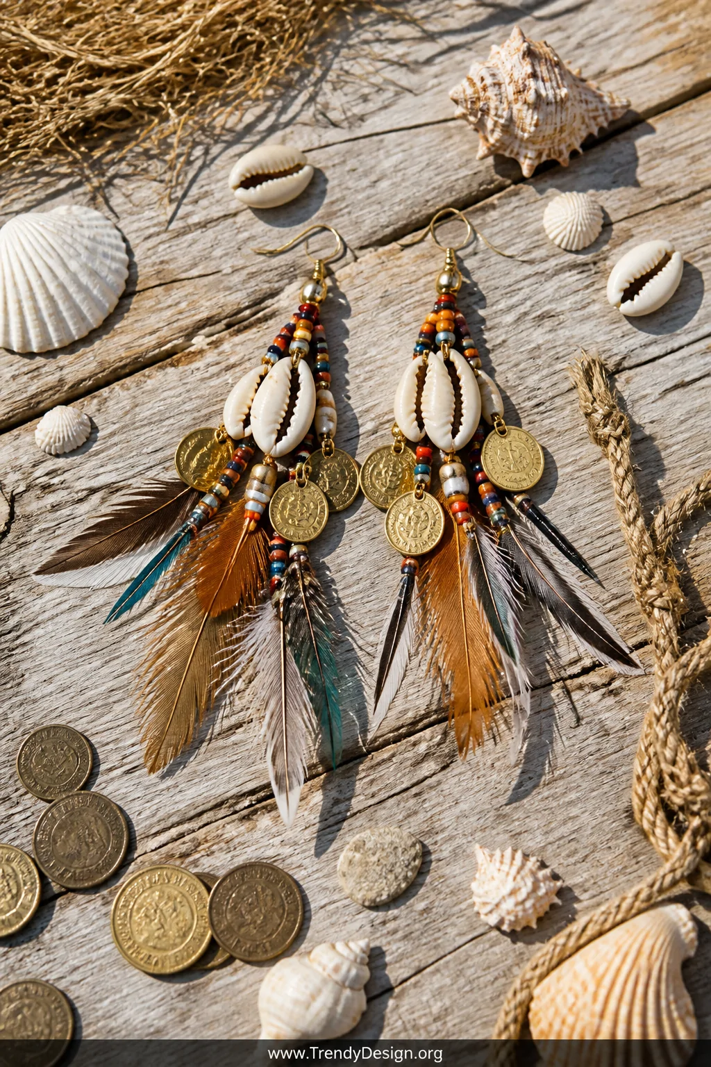 A wide shot of a breezy outdoor coastal market-style flat lay on sun-bleached reclaimed wood planking, a pair of mixed media 