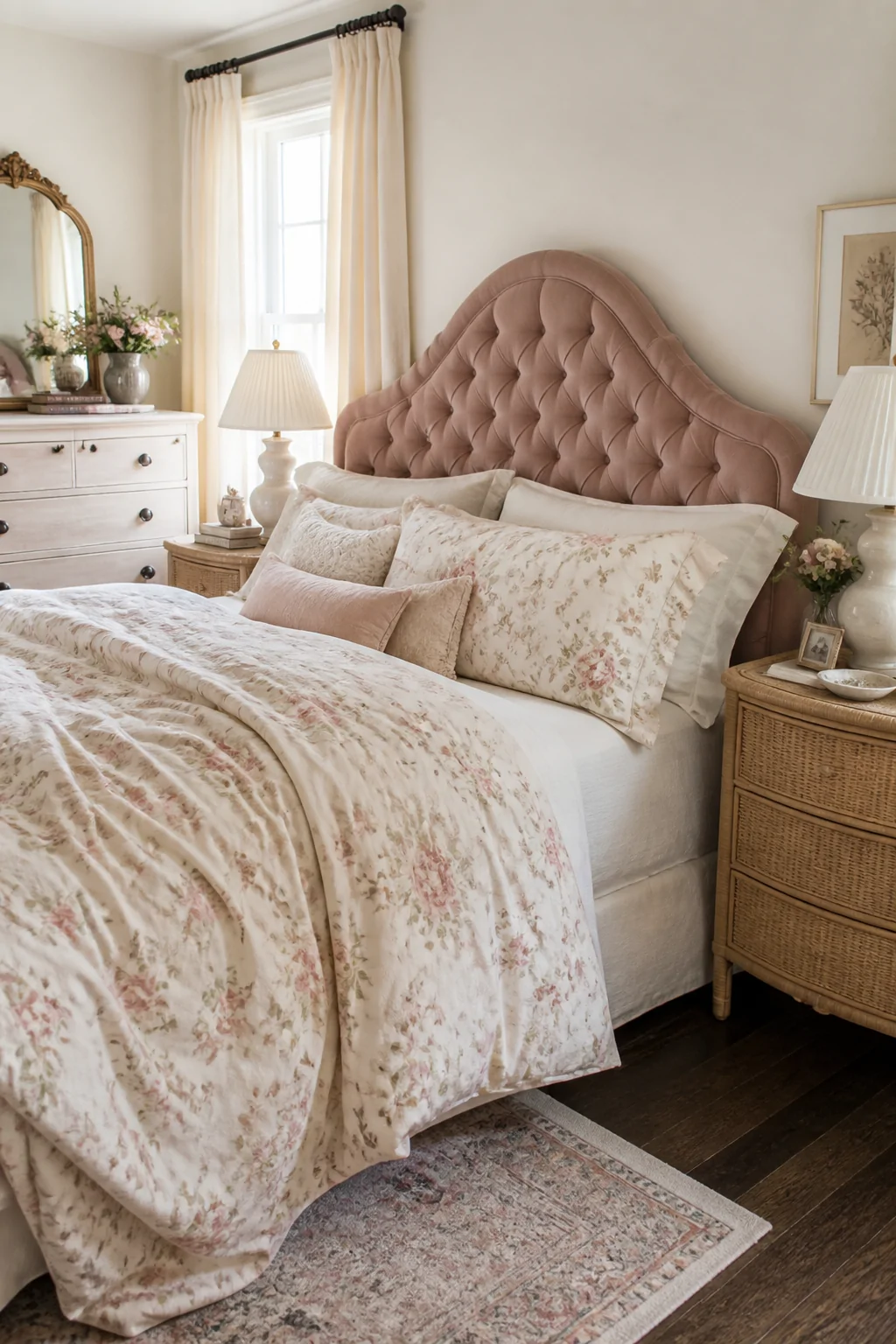 Wide photorealistic bedroom shot showcasing a tufted blush velvet curved headboard as the focal point, flanked by rattan nigh