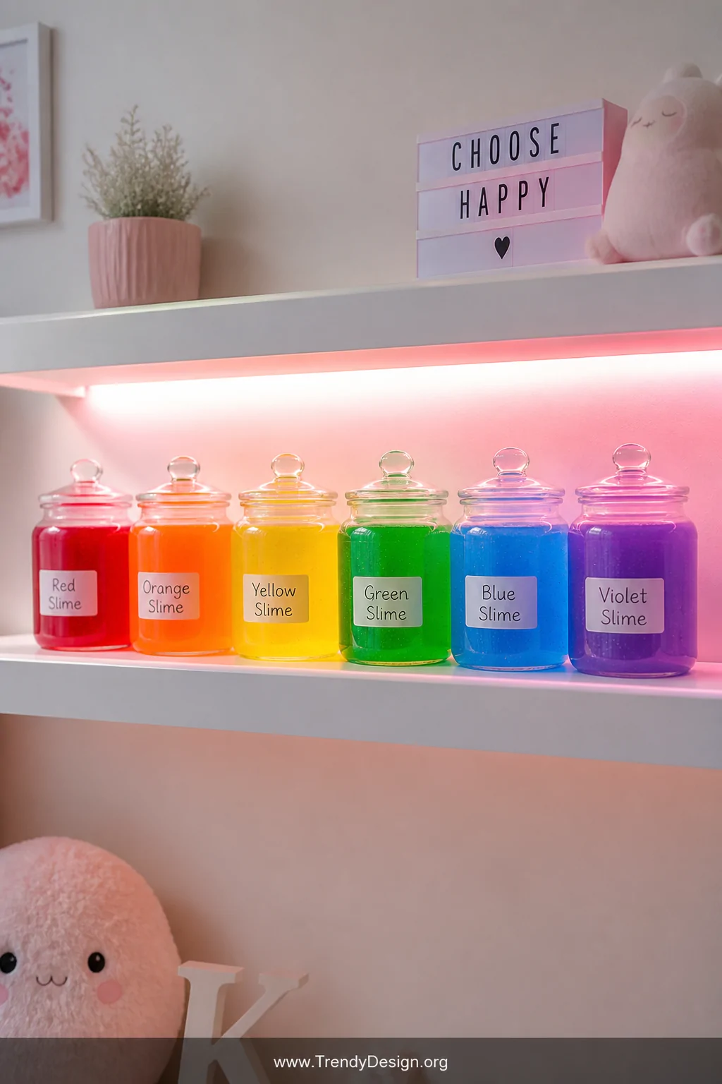 Close-up medium shot of a white floating wall shelf in a softly lit kids' room, lined with a perfect rainbow arrangement of m