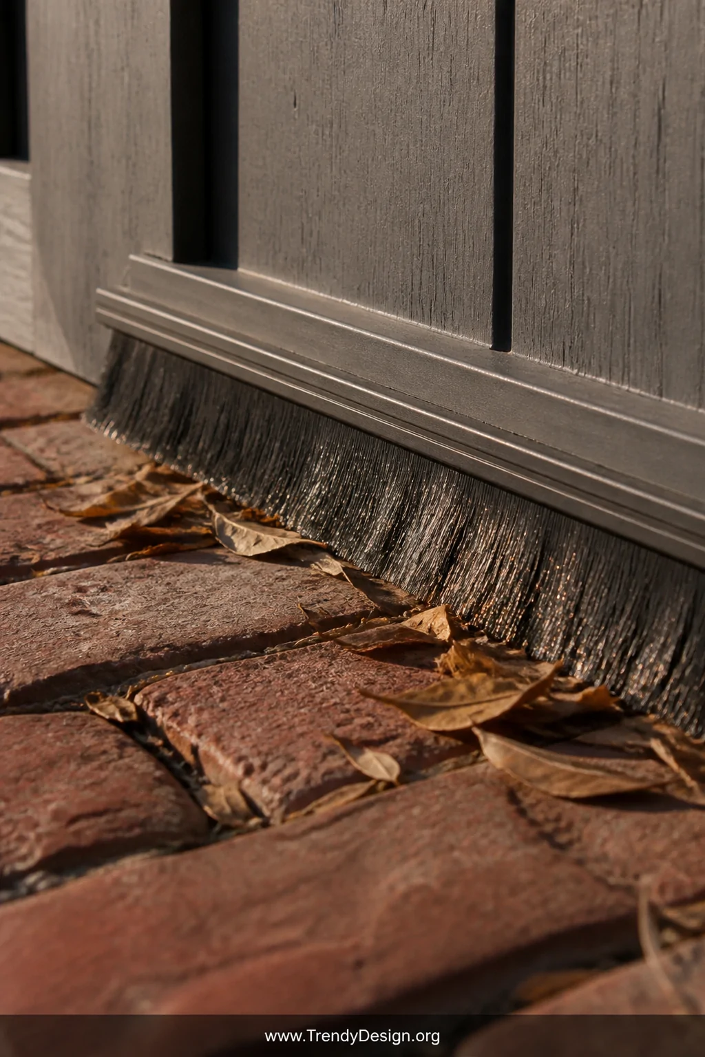 Close-up macro shot of a bristled brush strip seal running along the bottom edge of a charcoal grey painted wooden gate, the 