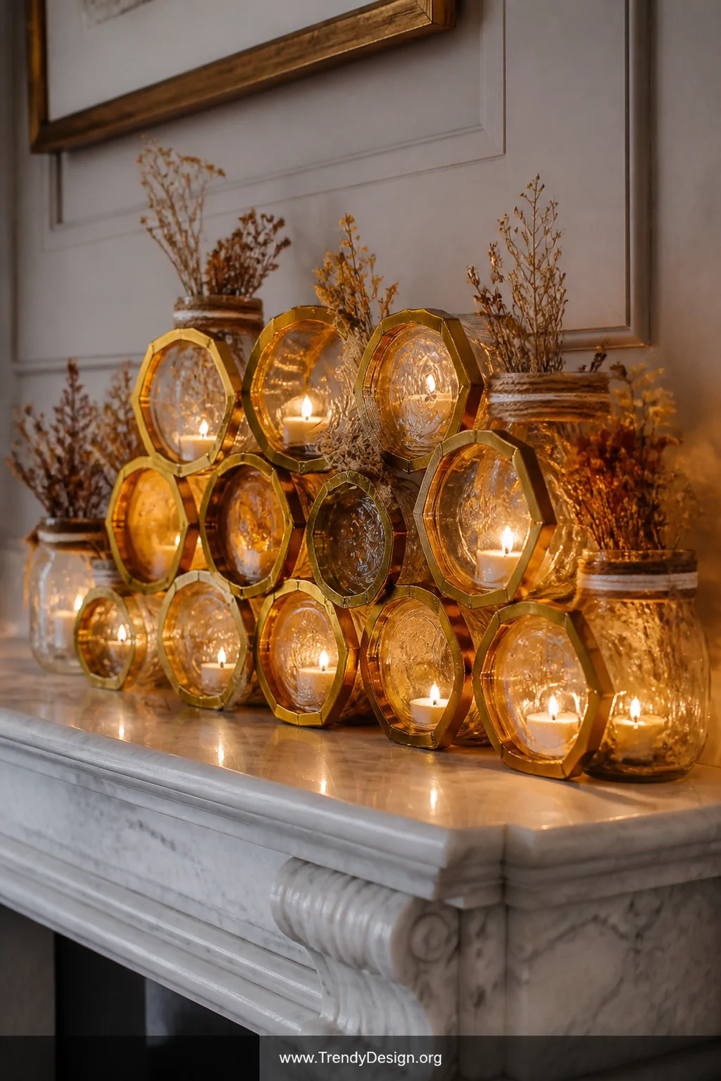 A close-up detail shot of a fireplace mantel styled with a tight honeycomb cluster of hexagonal glass jars and mason jars, ri