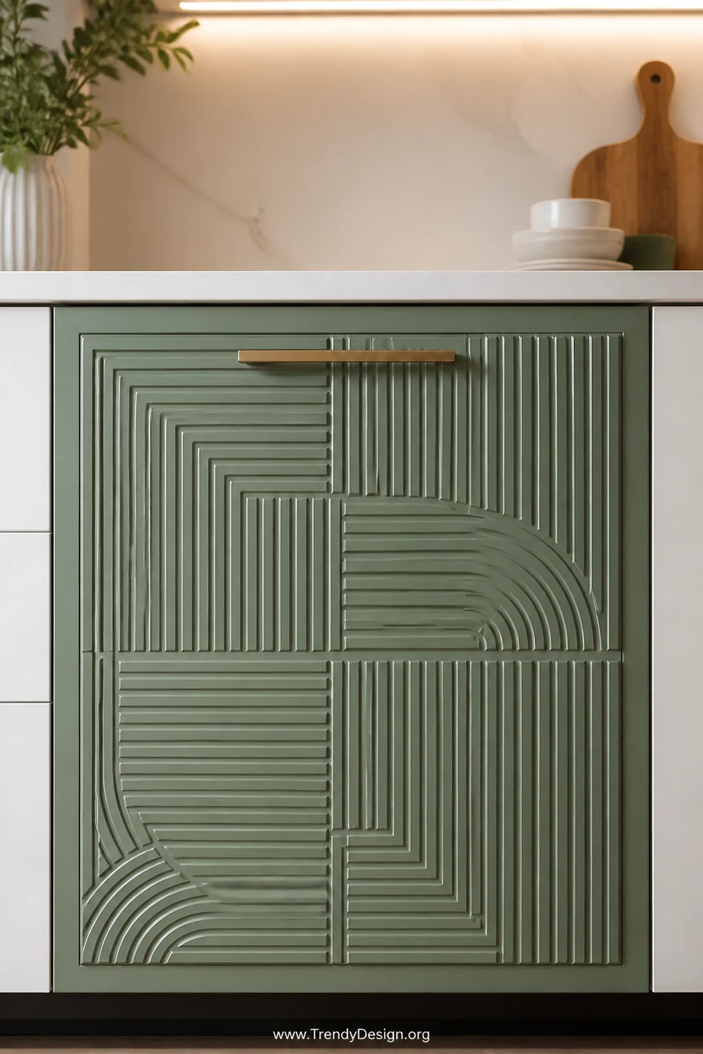 Close-up detail shot of a flat-front kitchen cabinet door transformed with a vacuum-formed textured overlay panel painted in 
