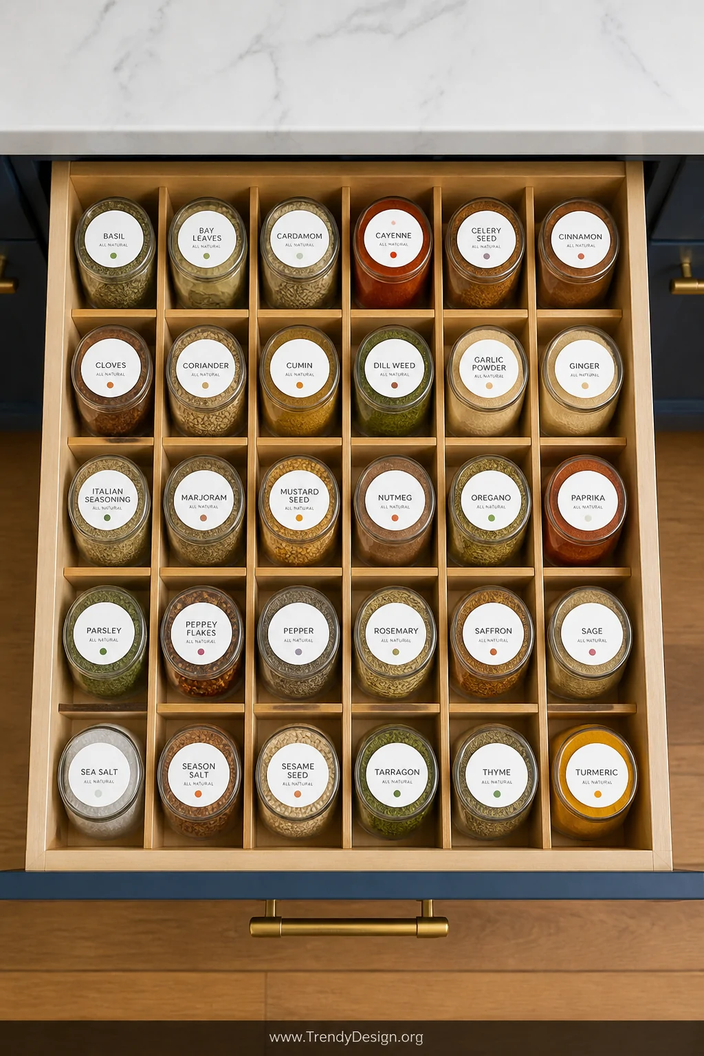 A wide overhead shot looking straight down into an open shallow kitchen drawer with wooden dividers, filled with uniform glas
