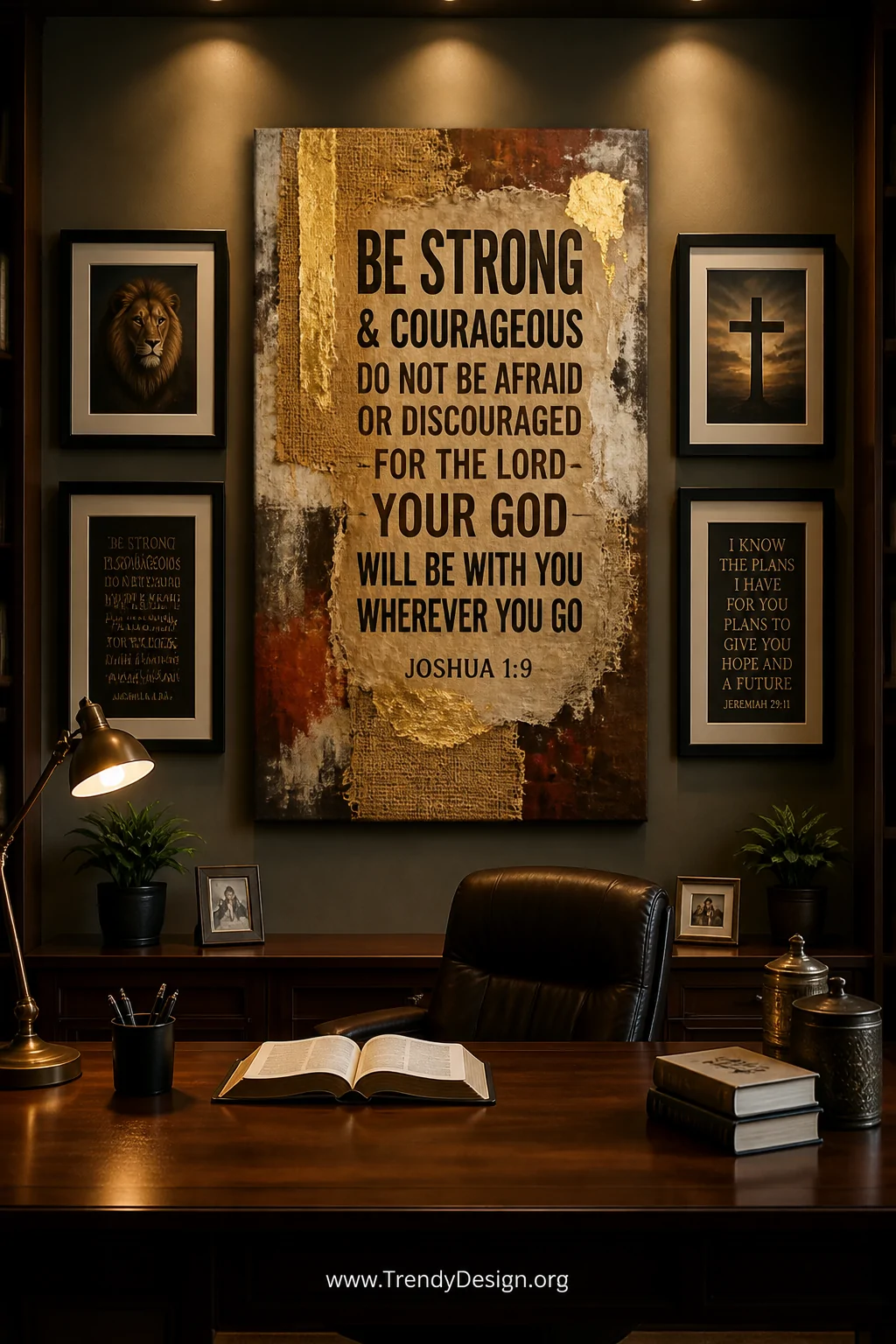 A wide shot of a home office gallery wall centered on a large mixed media canvas above a dark wood desk, the canvas layered w