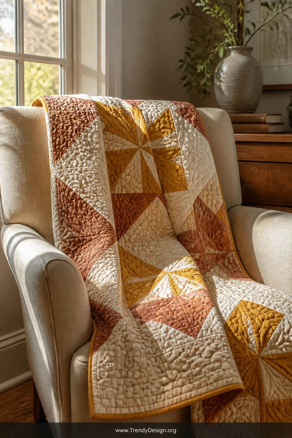Medium shot of a colorful patchwork quilt draped over a natural linen upholstered armchair beside a sunlit window, the corner