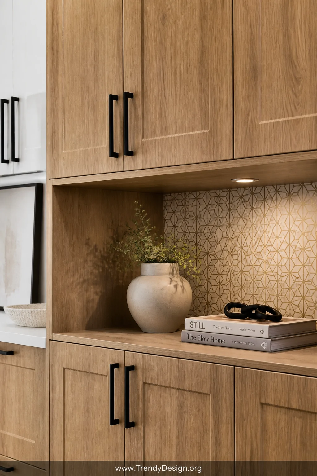 Close-up shot of kitchen cabinet fronts wrapped in peel-and-stick wood grain veneer with a convincing warm oak texture, the i