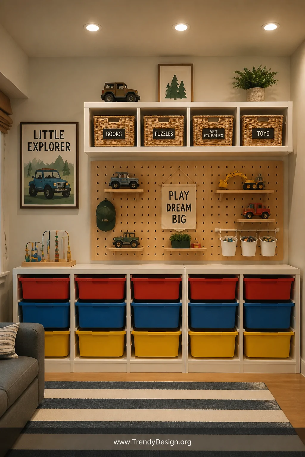 Medium wide shot of a well-organized toddler boy room storage wall featuring white modular TROFAST-style open shelving units 