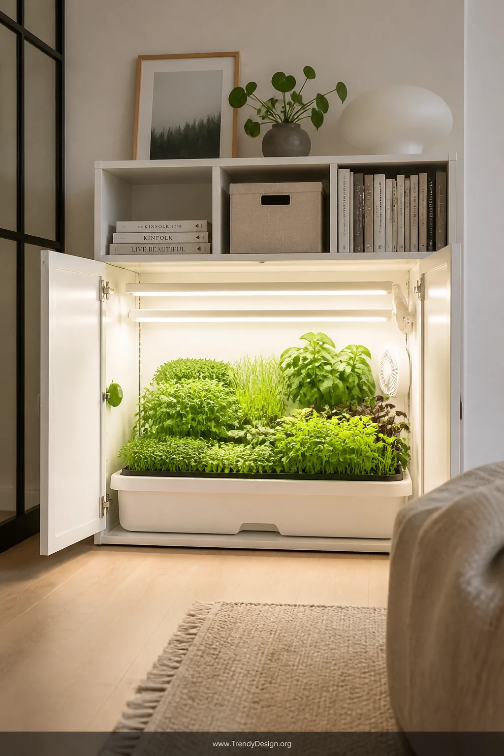 An open IKEA KALLAX white cabinet in a minimalist apartment interior revealing a glowing inner grow station with full-spectru