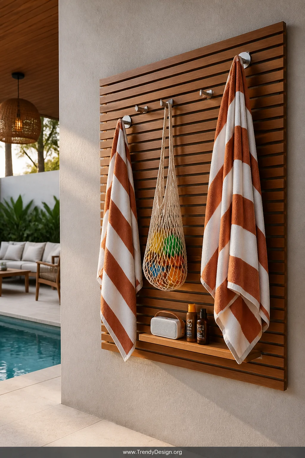 Medium shot of an outdoor pool wall covered in a teak slatted storage panel mounted on a pale grey stucco surface, fitted wit