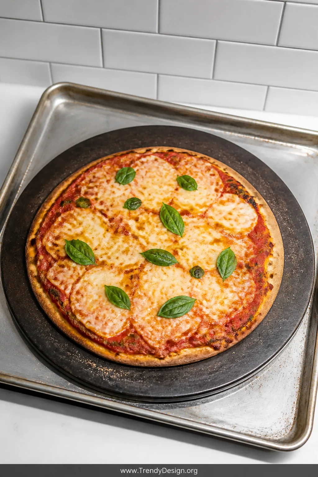 A medium overhead shot of a round tortilla pizza on a dark pizza stone resting on a stainless steel baking sheet, its mozzare