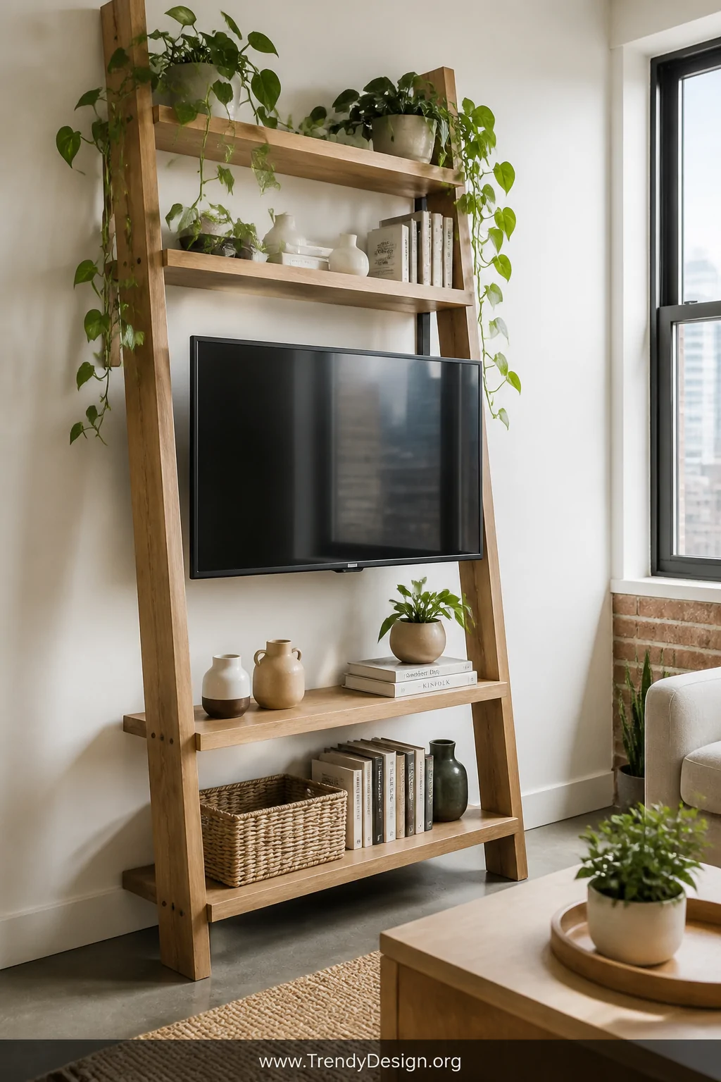 A medium shot of a tall sturdy natural wood ladder shelf leaned against a white wall with a flatscreen TV mounted securely on