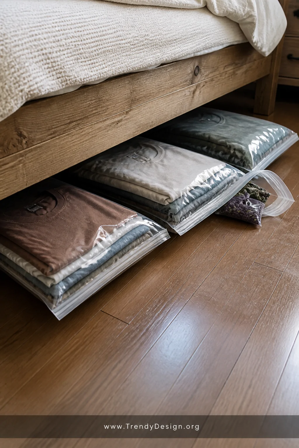 A wide shot of a tidy under-bed storage area showing three flat vacuum-sealed bags neatly slid beneath a low wooden bed frame