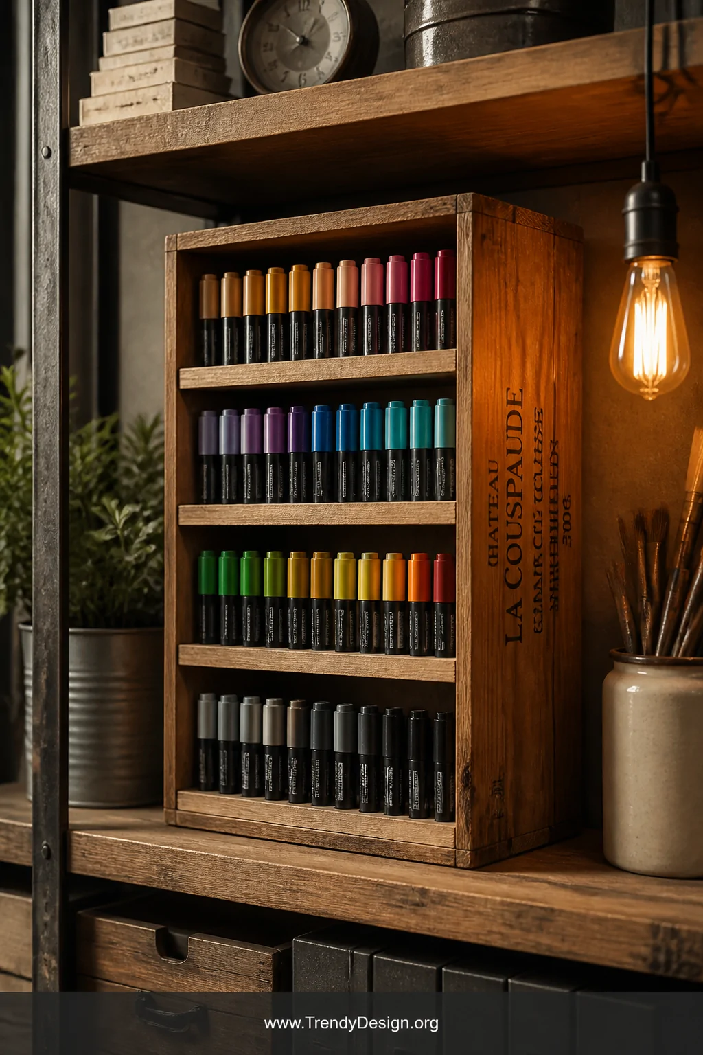 A medium shot of a rustic wooden wine crate standing upright on a open wooden shelf, interior divided by thin wooden slats ho