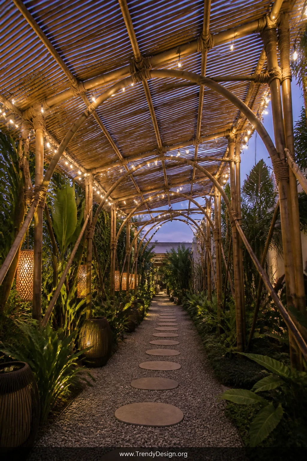 A wide serene shot of a bamboo walkway canopy with natural rope lashing and rattan accents arching over a gravel and stepping