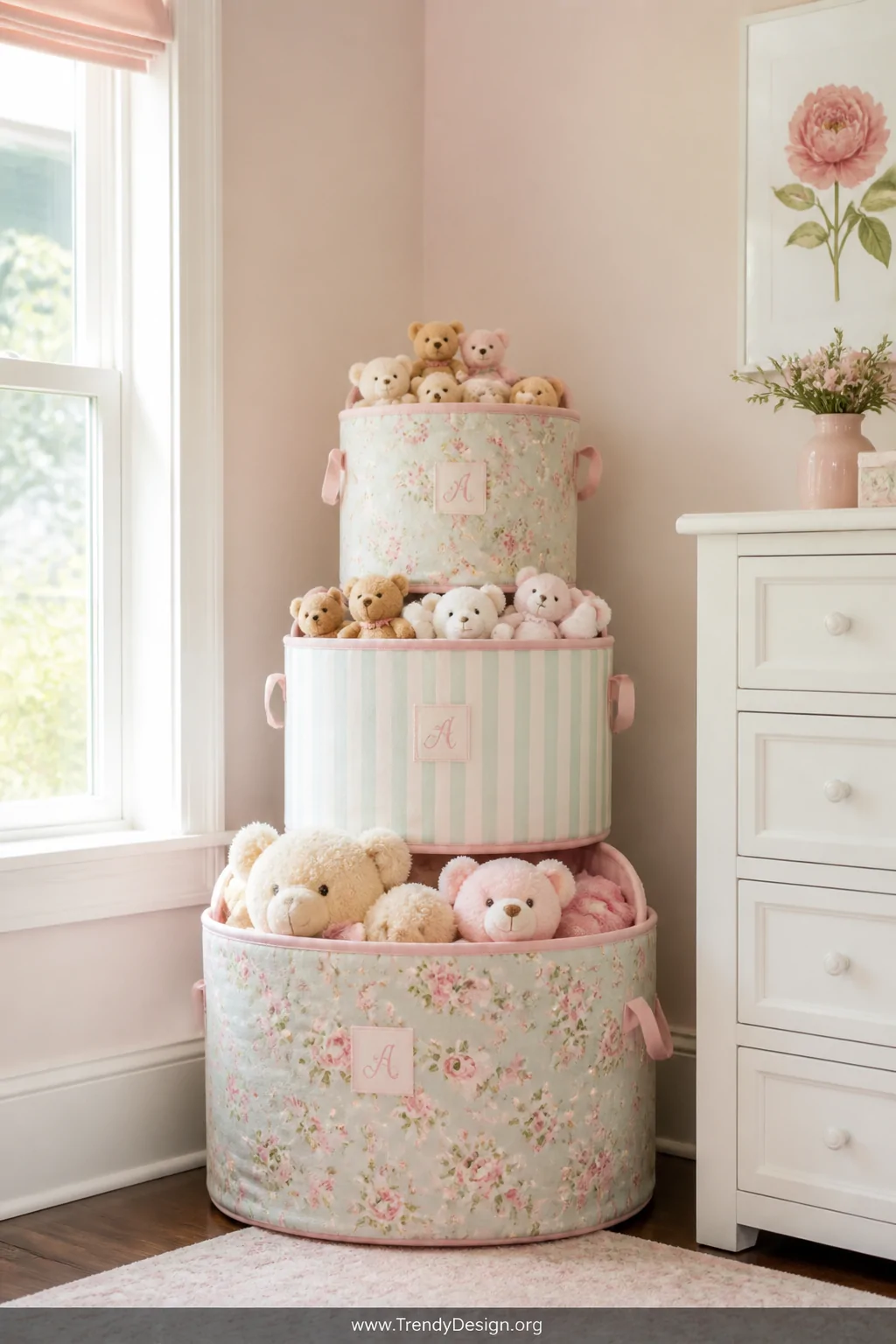 Wide shot of a tidy pastel children's bedroom corner featuring three stacked tiered fabric storage bins in coordinating flora