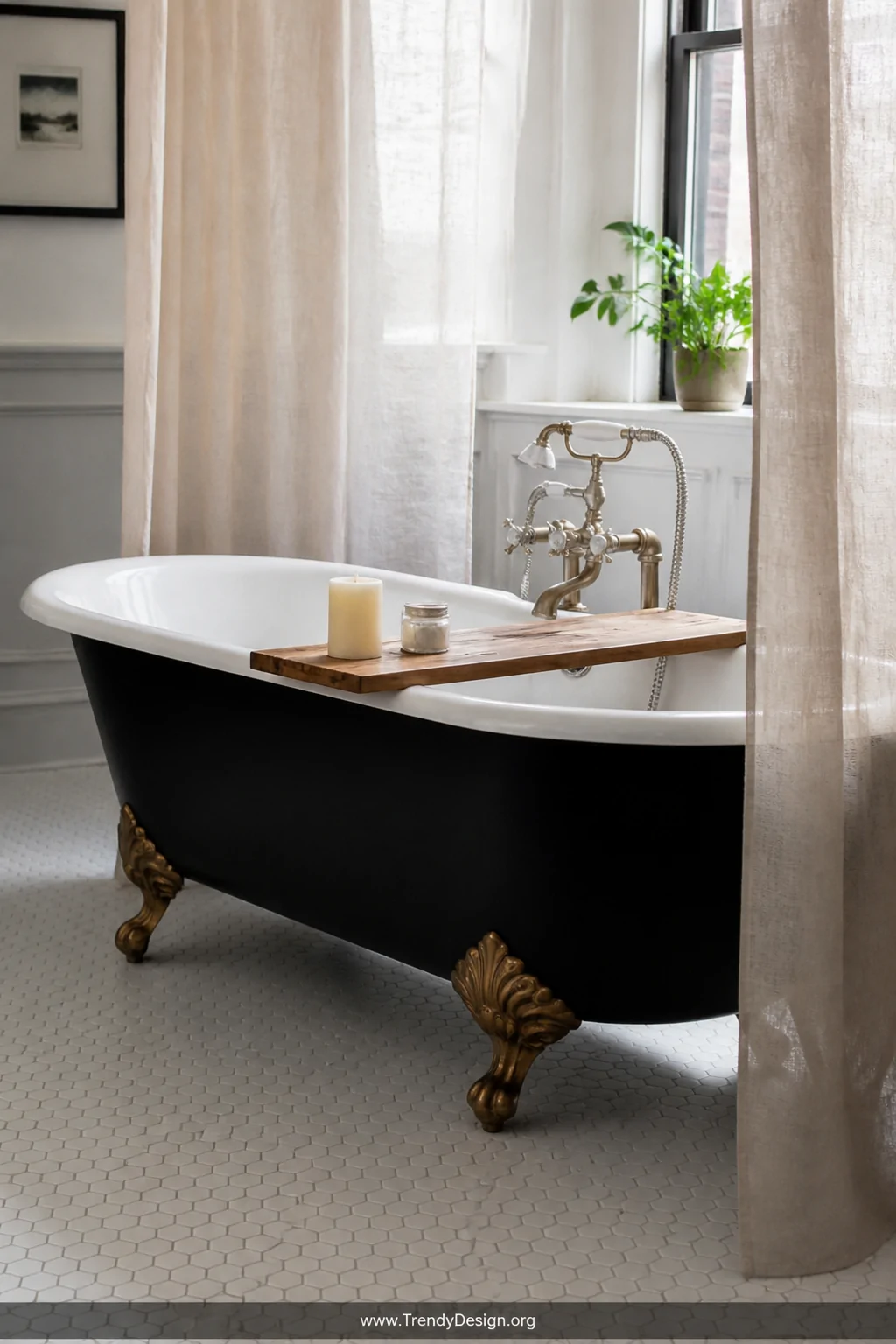 Wide photorealistic shot of a freestanding clawfoot bathtub with a boldly repainted matte black exterior and classic white in