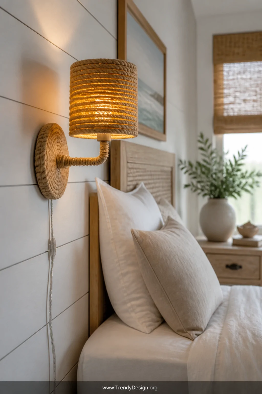 A medium shot of a coastal-chic bedroom wall featuring a plug-in sconce tightly wrapped in thick natural jute rope secured wi