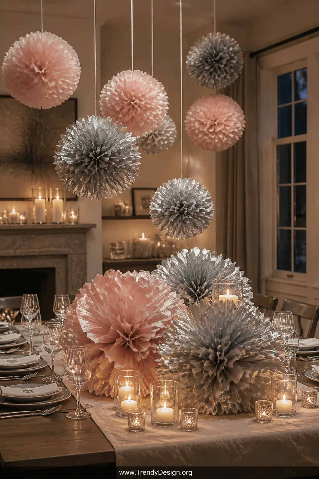 Medium shot of an elegantly styled dining table centerpiece featuring clusters of oversized accordion-folded tissue paper pom