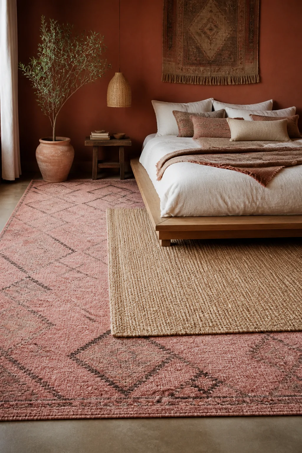 Wide-angle photorealistic shot of a bohemian bedroom floor with a large dusty rose wool rug featuring a faded Moroccan diamon