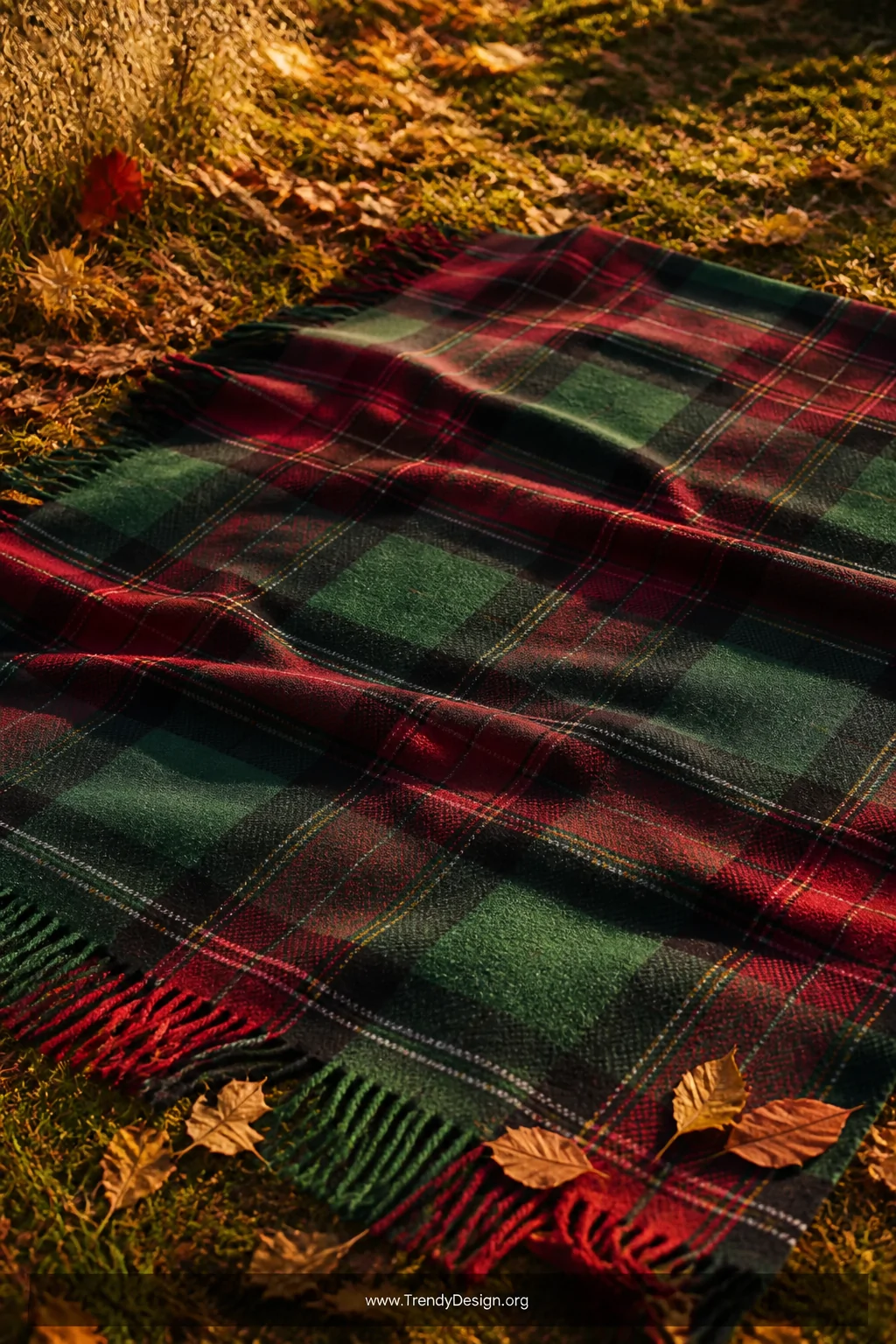 A medium shot of a rich forest green and deep red tartan wool picnic blanket spread across autumn grass, the oversized plaid 