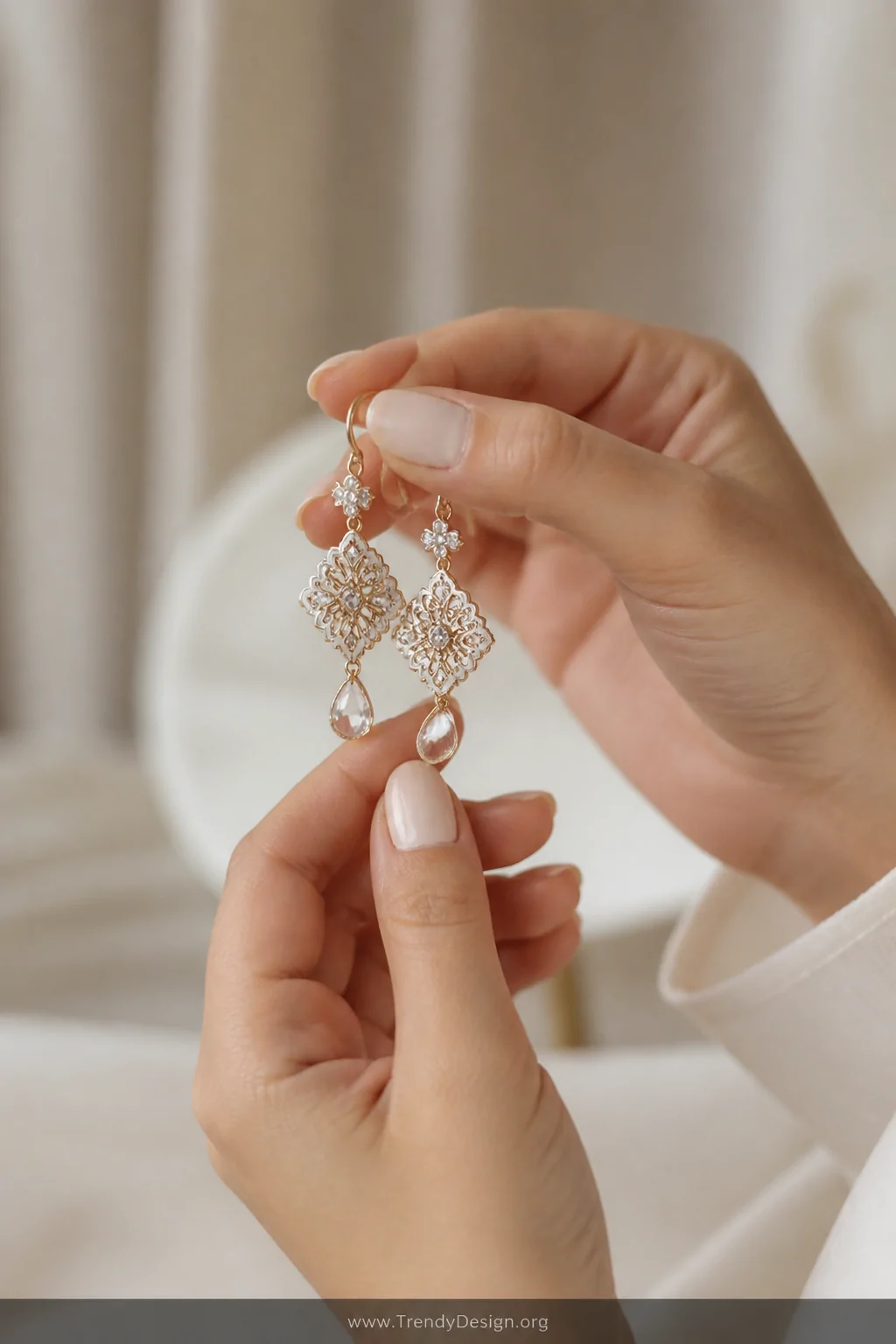 A close-up lifestyle shot of elegant well-groomed hands with soft neutral-toned nails holding a pair of intricate drop earrin