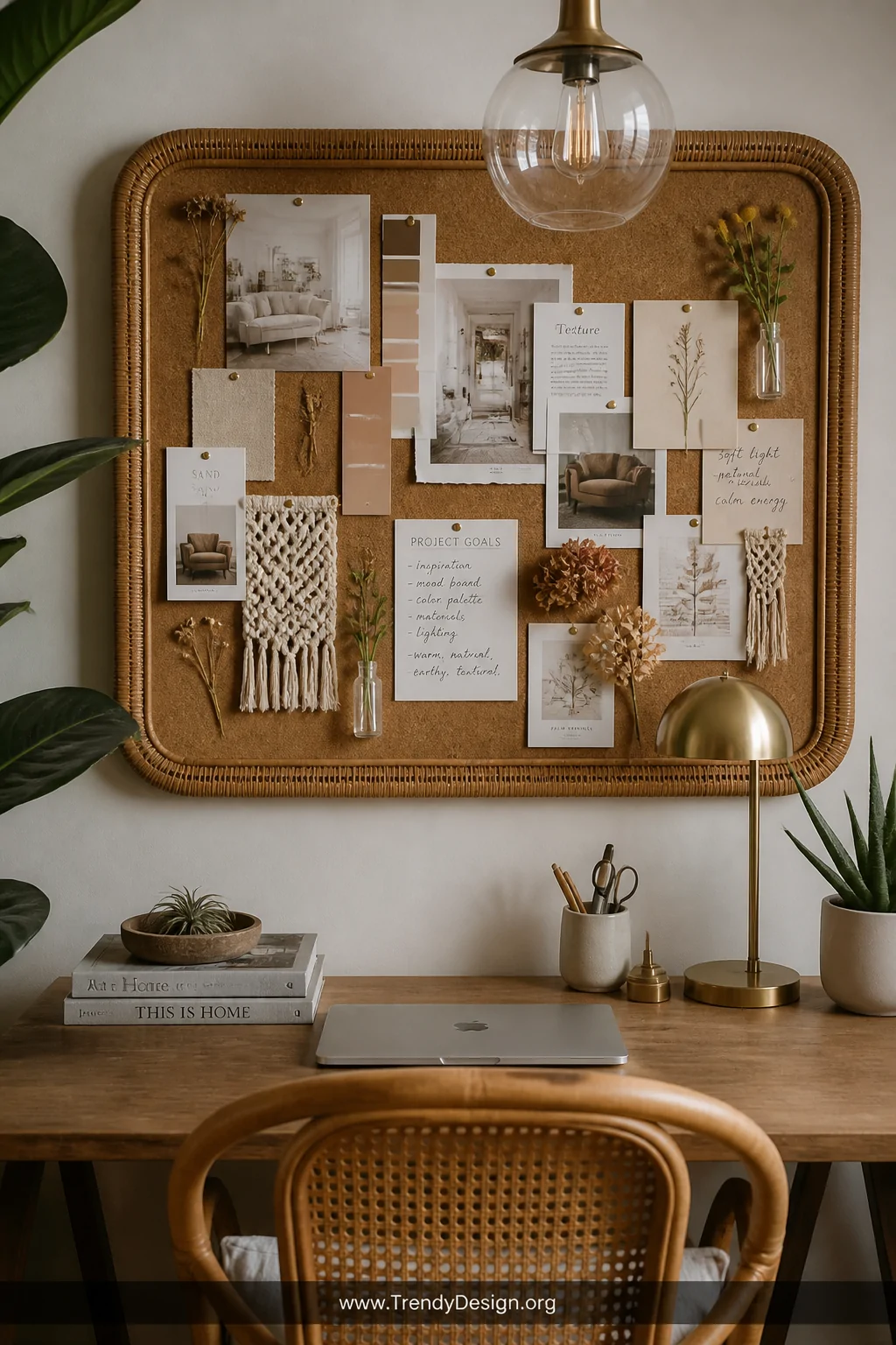 Medium shot of a stylish boho home office desk setup with a rattan-framed cork board mounted on the wall behind, pinned with 