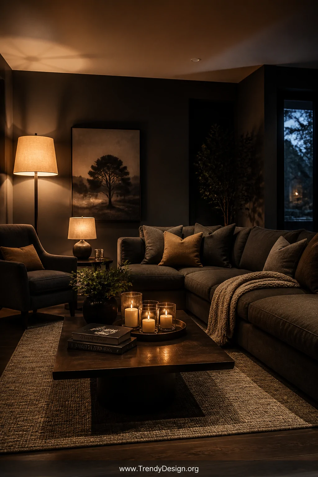 Wide evening shot of a dark grey living room glowing with layered warm amber lighting from a linen floor lamp, a small table 