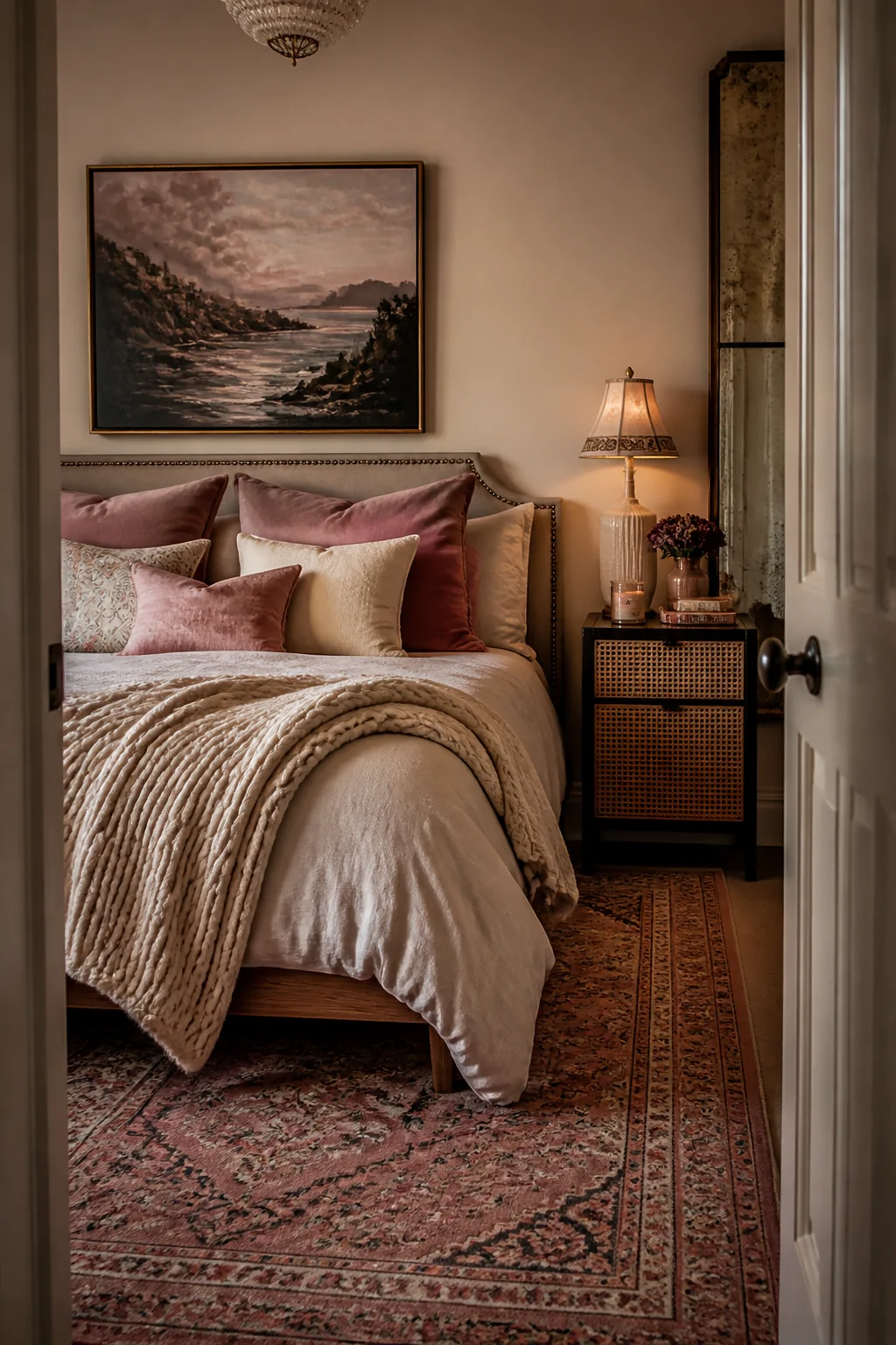 Medium photorealistic interior shot of a cozy small bedroom showcasing rich texture layering   a chunky woven cream throw dra
