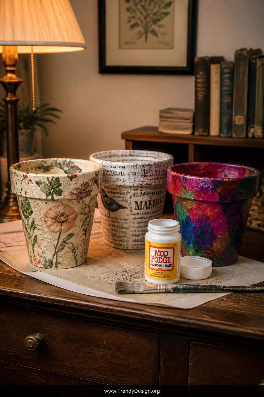 A medium shot of three decoupaged plastic plant pots arranged on a vintage writing desk   one covered in torn vintage botanic