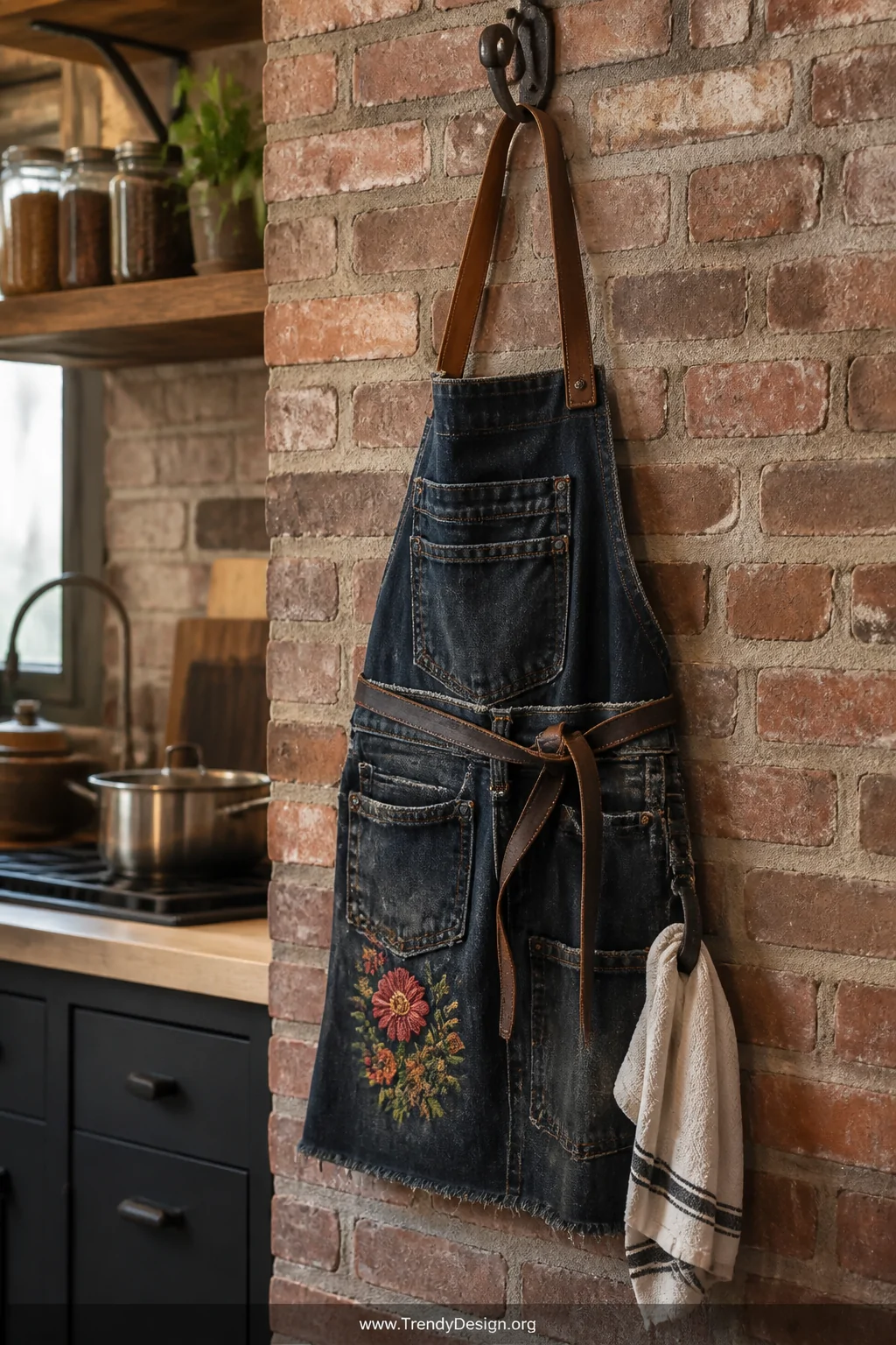 A medium shot of an upcycled dark-wash denim apron hanging from an industrial iron hook on an exposed brick kitchen wall, ori