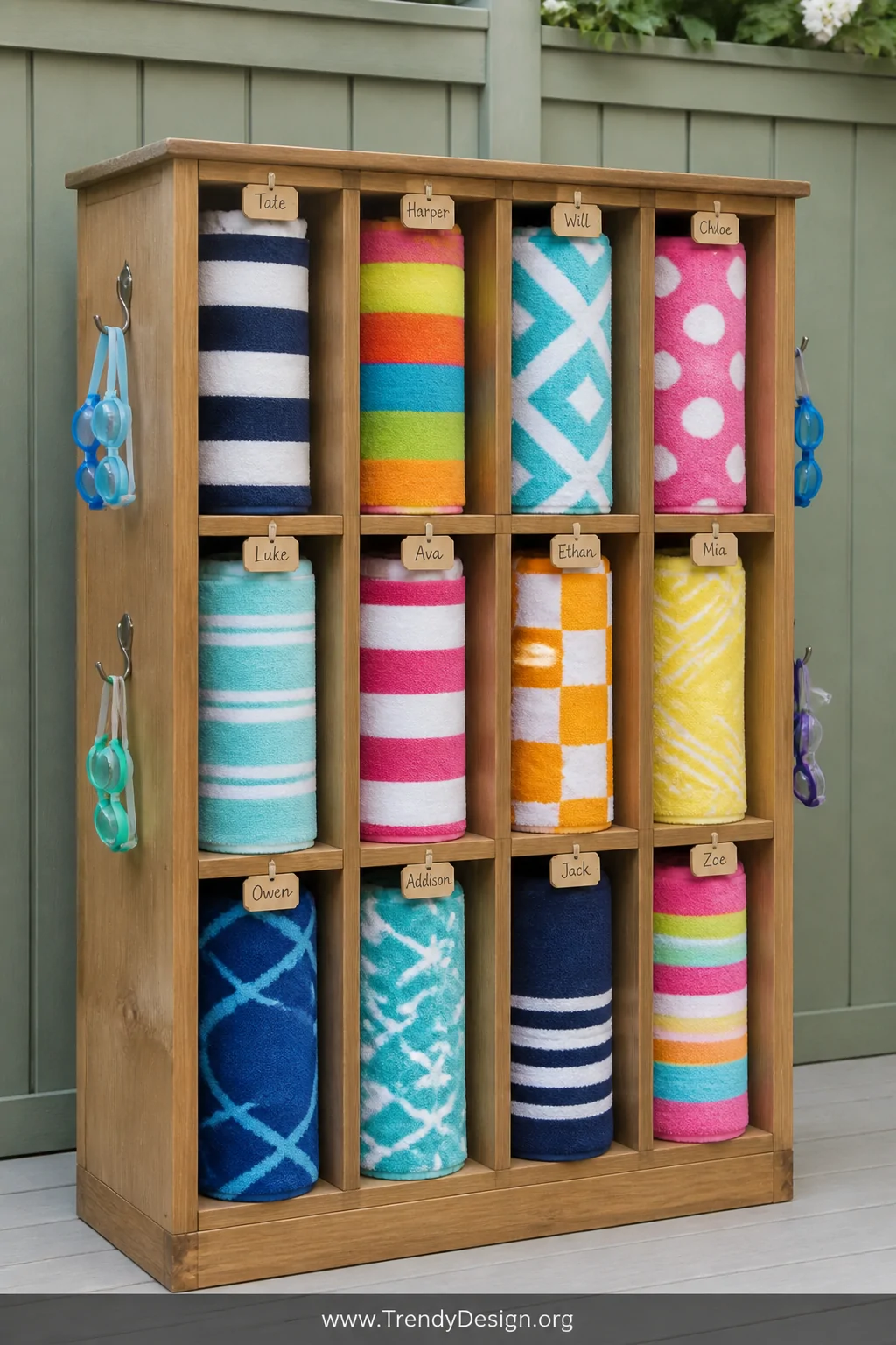 Medium shot of a structured outdoor cubby shelving unit made from sealed natural wood, displaying neatly rolled colorful towe