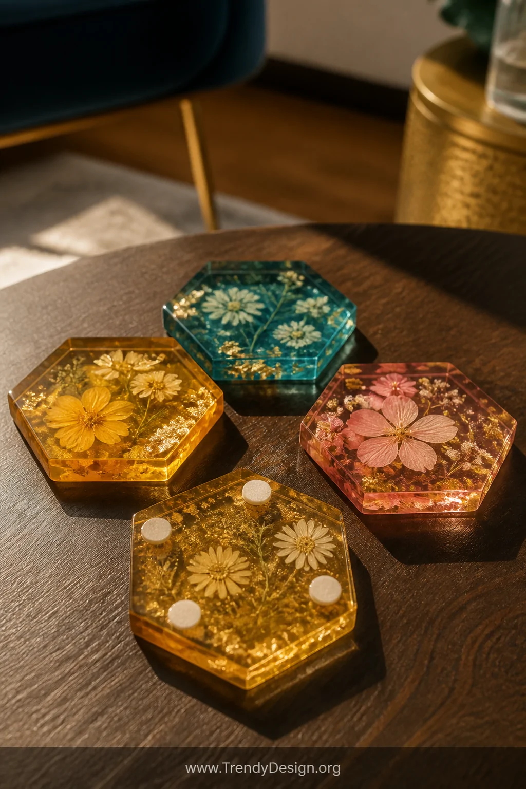 A close-up detail shot of four handcrafted hexagonal resin coasters arranged on a dark walnut coffee table, each coaster cast