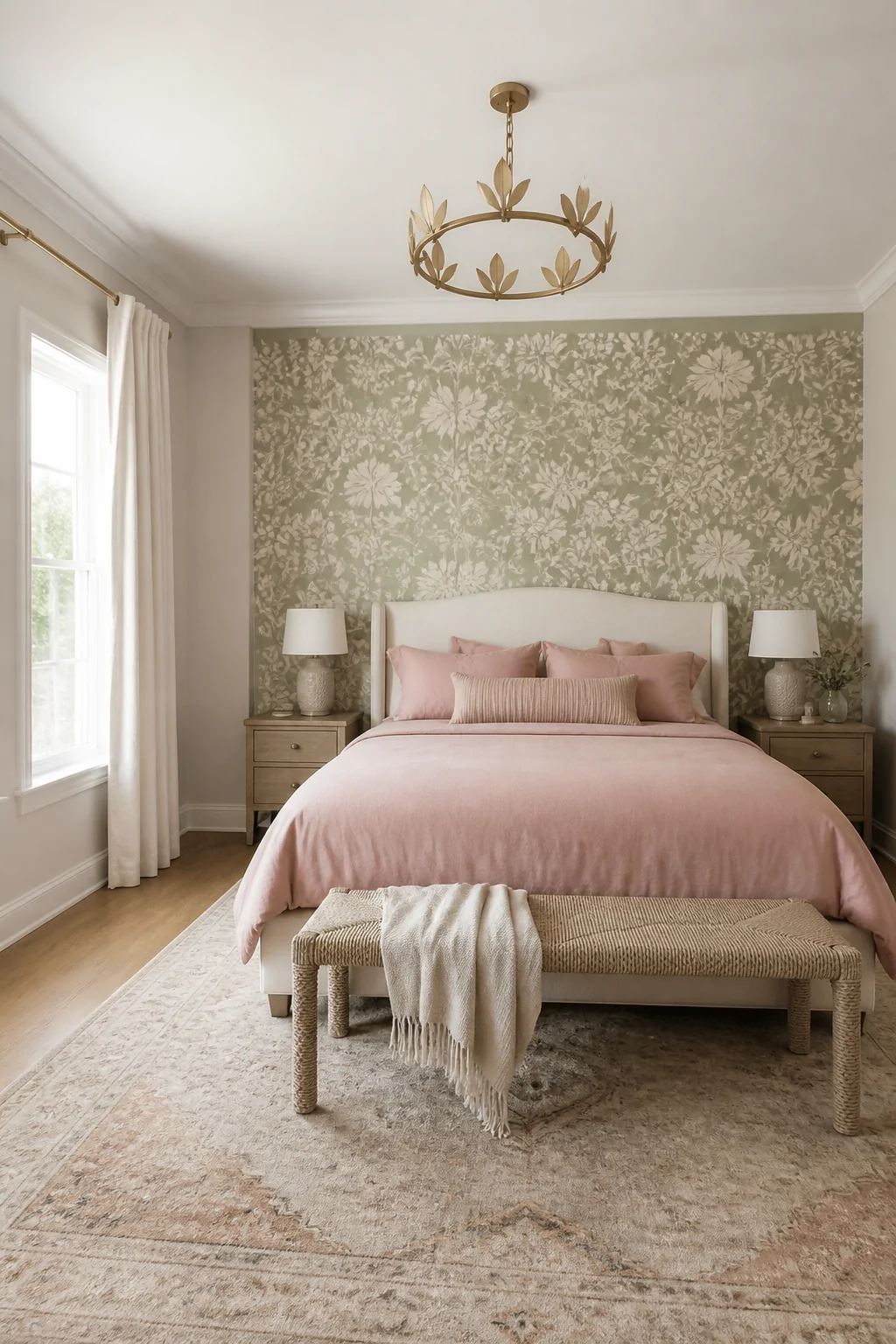 Wide shot of a bright airy bedroom with warm greige walls acting as a clean neutral canvas, a single botanical wallpaper acce
