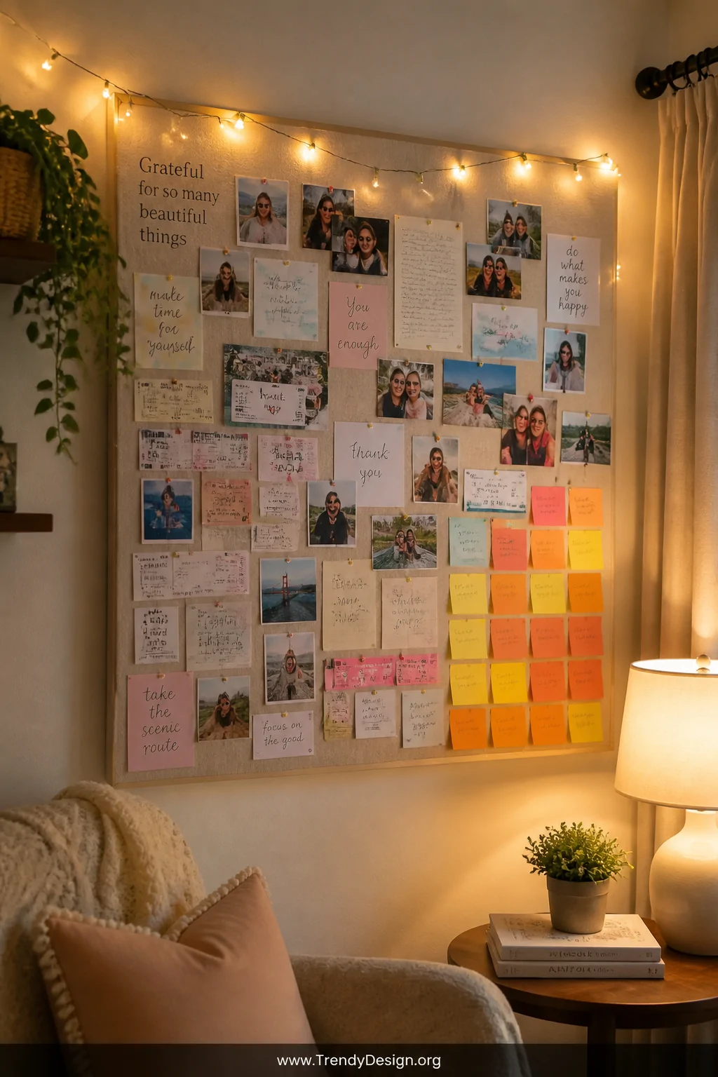A medium wide shot of a soft ivory fabric pinboard hung in a cozy reading nook corner, layered with colorful ticket stubs, ha