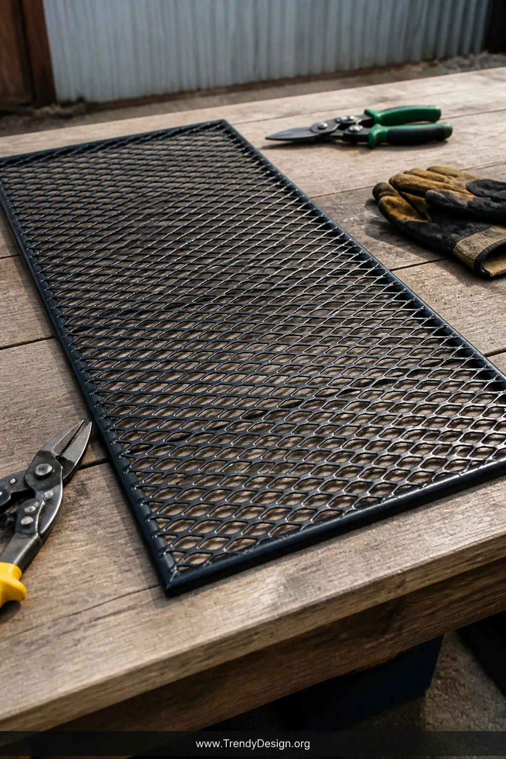 A medium shot of a diamond-patterned expanded metal mesh grill grate cut to fit a rectangular outdoor fire pit, the 16-gauge 