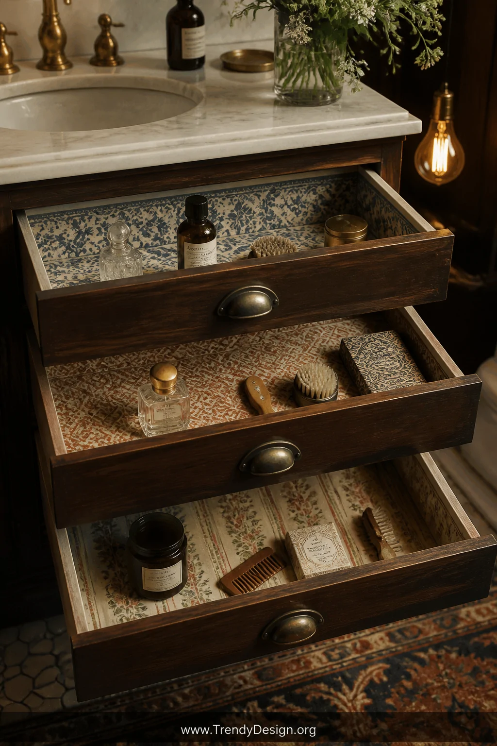 A medium shot of three stacked open bathroom vanity drawers each lined with mismatched vintage wallpaper scraps   one with du
