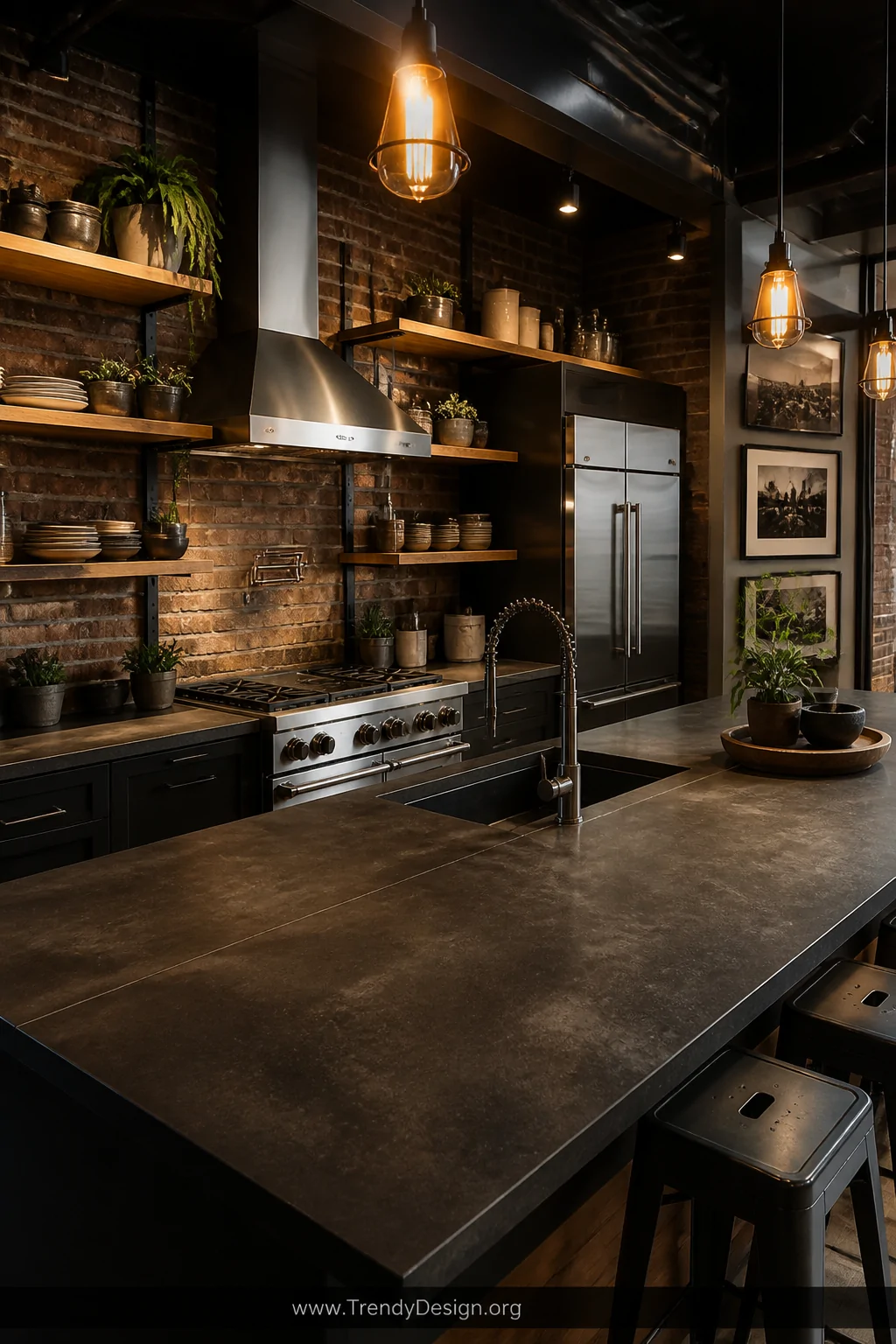A wide shot of an industrial-style kitchen with a countertop of matte charcoal concrete-look porcelain tiles seamlessly match