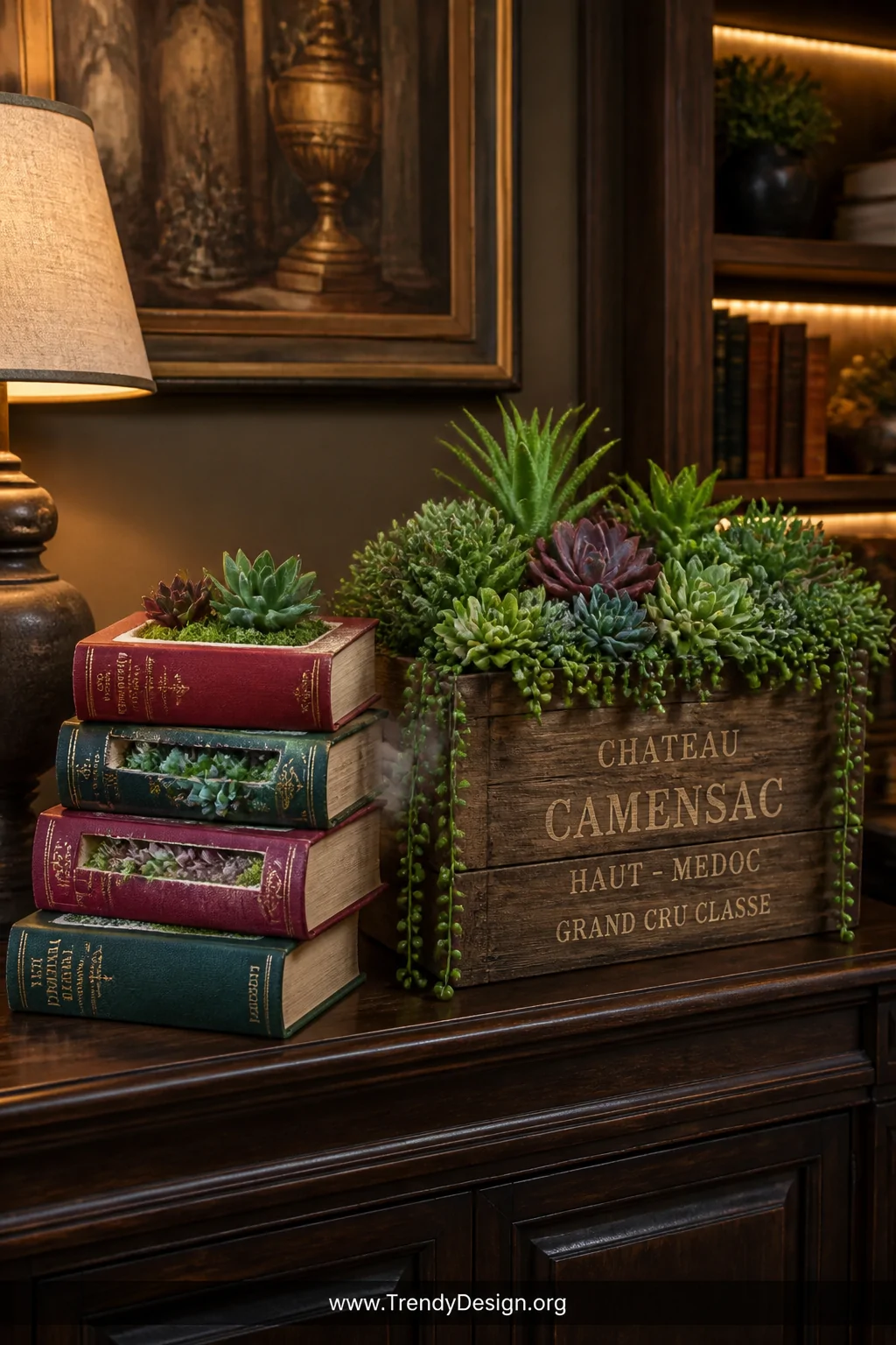 A medium shot of a dark walnut console table styled with stacked vintage hardcover books in burgundy and forest green cloth c