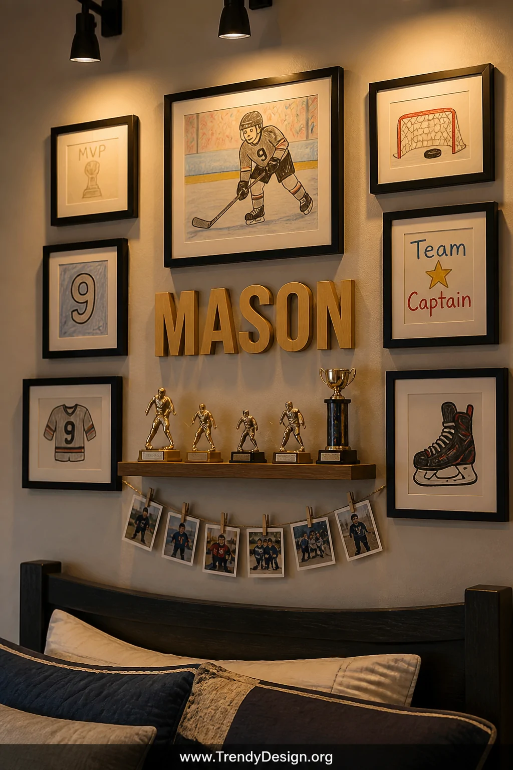 Photorealistic closeup detail shot of a personalized gallery wall above a boy's bed headboard, featuring children's drawings 