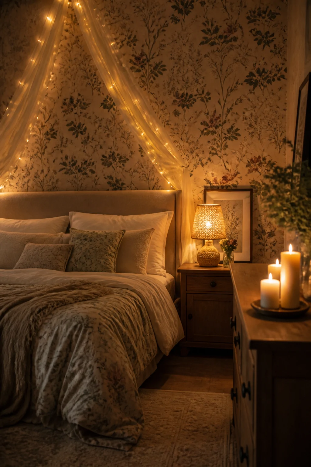 Atmospheric wide bedroom shot at dusk showing layered warm golden lighting with a rattan table lamp glowing beside the bed, s