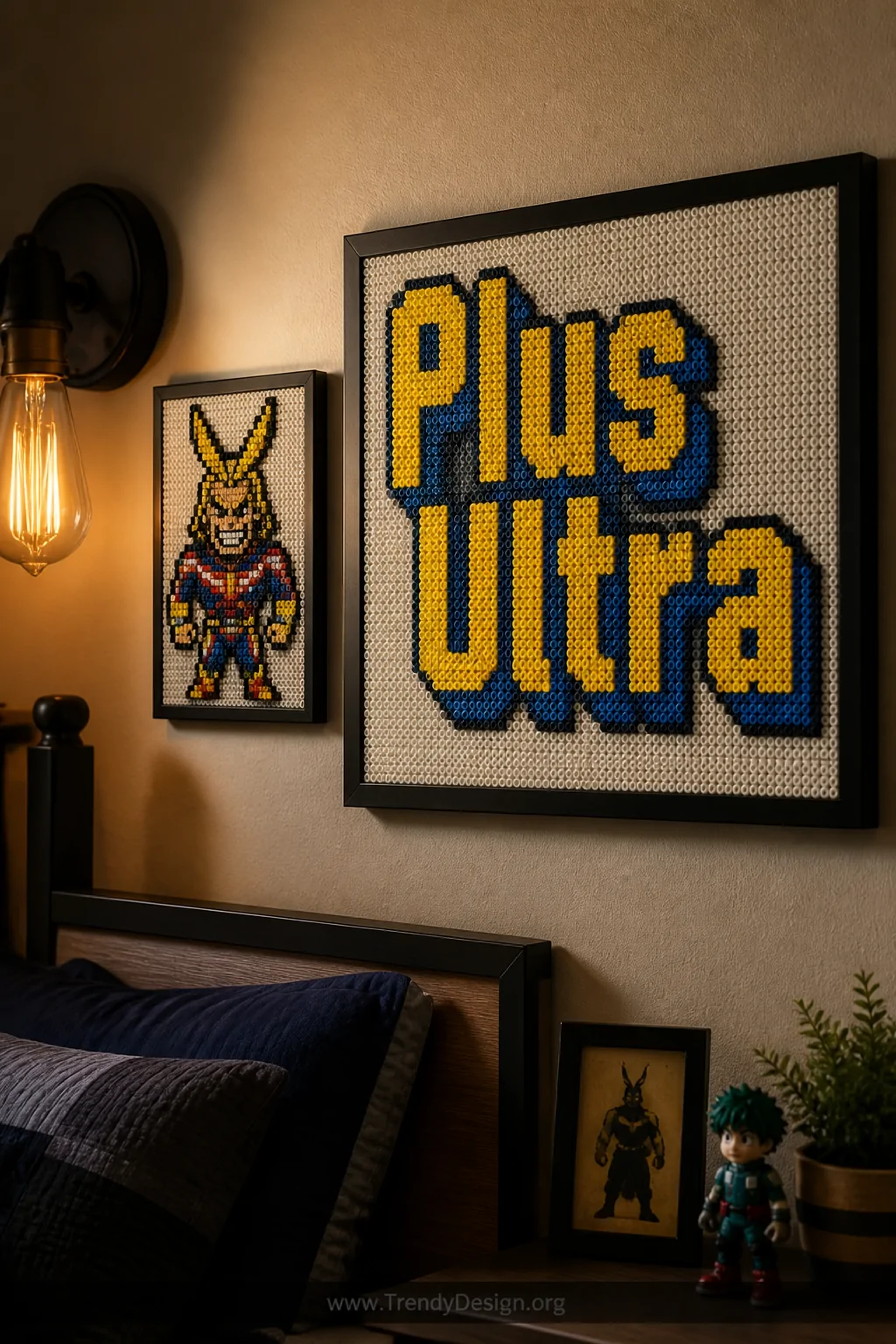 Medium shot of a gallery wall corner in a themed bedroom featuring a framed Perler bead text sign spelling 