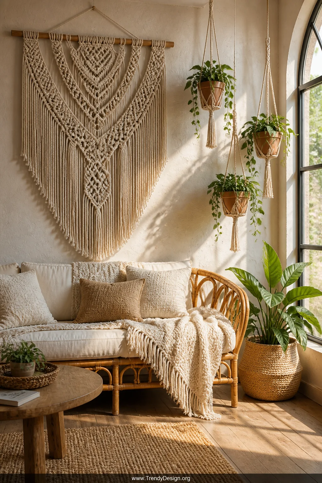A wide boho living room shot featuring a large natural cotton macramé wall hanging as a focal point above a rattan sofa drape
