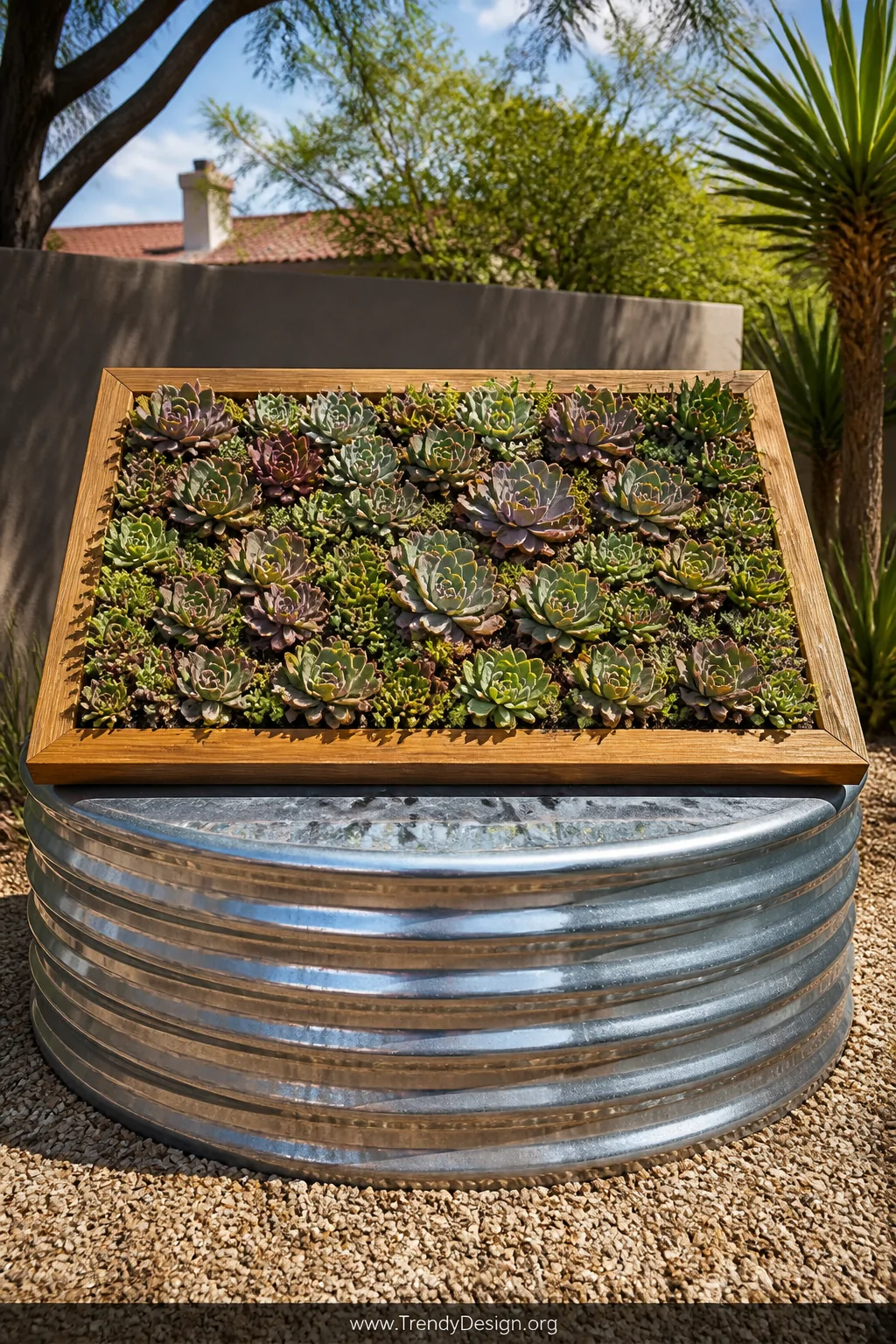 Medium outdoor shot of a shallow wooden frame filled with a dense grid arrangement of green and purple succulent plants sitti