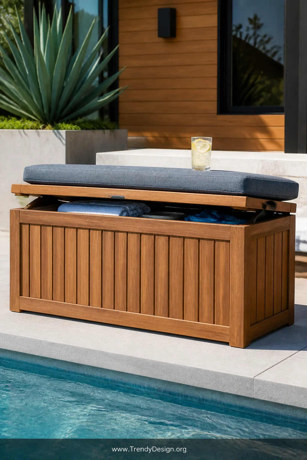 A medium shot of a handsome cedar outdoor storage bench positioned at the edge of a pool deck, its lid slightly open to revea