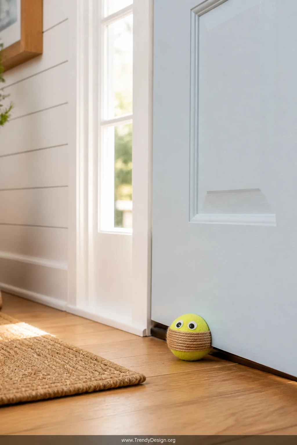 A bright entryway with white shiplap walls and a warm oak hardwood floor, featuring a close-up detail shot of a single tennis
